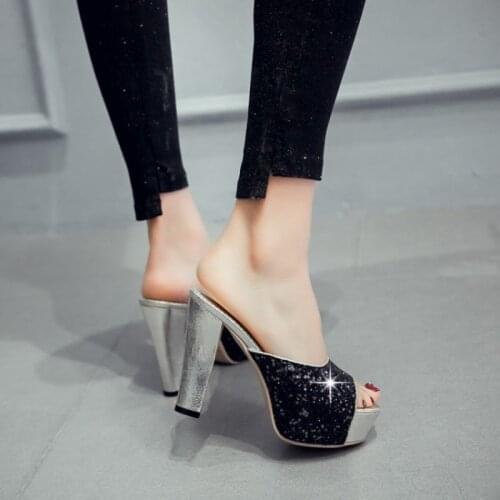 Sequined Ladies' Slippers In Plain Color with Thick Heels and Light Mouth 16-9
