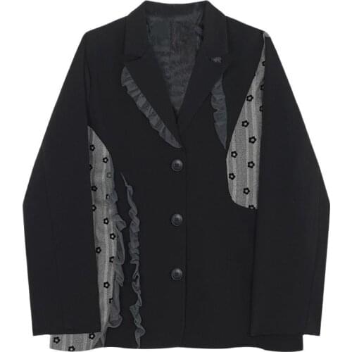 Women Vintage Black Stitching Blazer New Lapel Long Sleeve Loose Fit Jacket Button-up Fashion Tide Spring Autumn 2021 Suit Coat