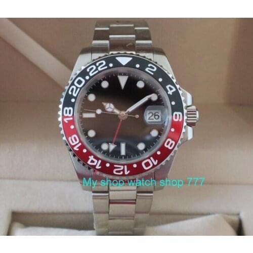 2107 new fashion 40mm PARNIS GMT Sapphire Glass Red&Black Bezel Automatic Self-Wind movement Men Watch Mechanical watches G8