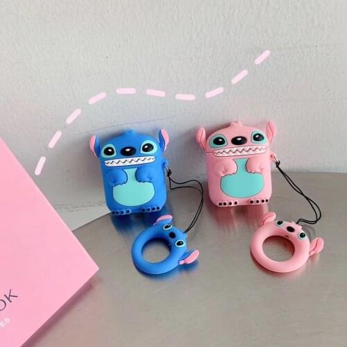 3D Lovely Stitch Shape Earphone Case with Ring Strap for Airpods Pro Cute Cartoon Character Silicone Cover for Airpods 1/2