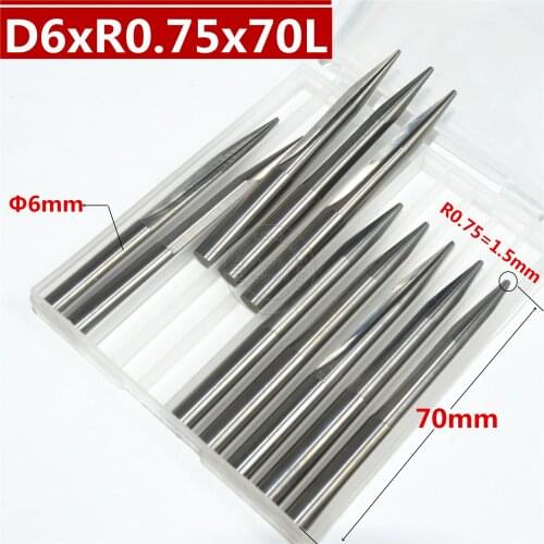 6mm*R0.75*70L,CNC carbide End Mill,woodworking insert router bit,Taper ball nose end milling cutter,deep relief,pvc,MDF