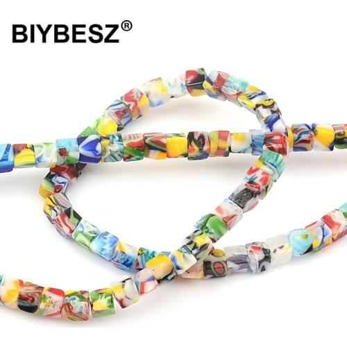 95pcs/lots Cube Sauqre Shape Mixed Flower Patterns 4mm Millefiori Glass Loose Beads for DIY Crafts Jewelry Making Findings