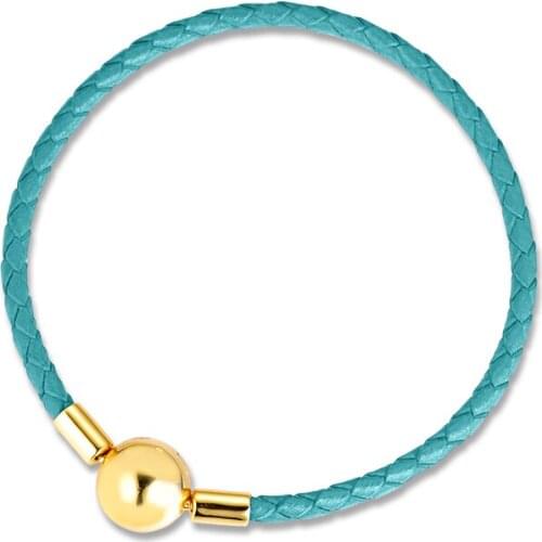 Shine Ocean Blue Leather Bracelets 100% Authentic 925 Sterling Silver Jewelry Free Shipping