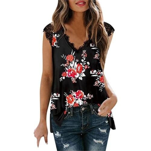 Vintage Flora Printed Blouse Womens Lace Plus Size Sleeveless T Shirt Summer Sexy V-neck Pullover Casual Blouse Блузка Женская