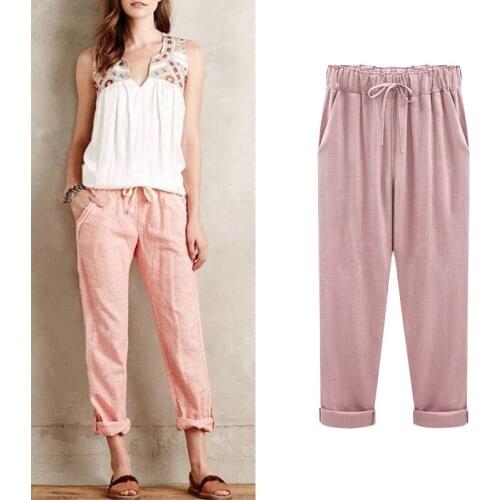 Stretch cotton linen pants high waist and ankle long casual women loose spring