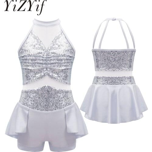Girls Jazz Dance Costume Latin Dancewear Halter Sleeveless Sequin Striped Bodice Ballet Dance Gymnastics Leotard Mesh Tutu Dress