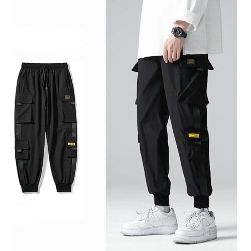 Hip Hop Joggers Mens Black Harem Pants Nice Multi Pocket Ribbons Mens Sportswear Pants Streetwear Cargo Pants Men Streetwear