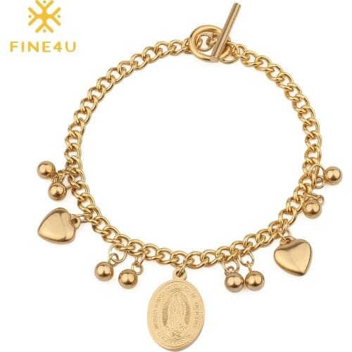 FINE4U B296 Stainless Steel Metal Our Lady of Guadalupe Charm Bracelet For Catholic Religious Jewelry