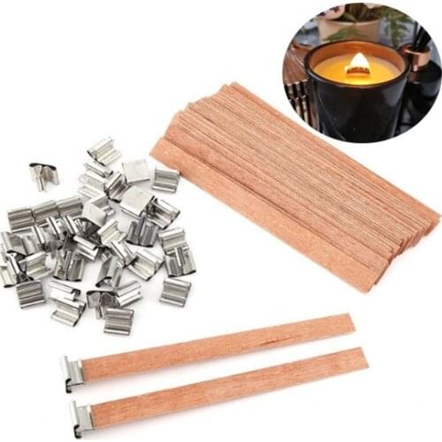 50Pcs Candle Wood Wick with Sustainer Tab Candle for DIY Candle Making Supplies Soy Parffin Wax Wick for Gift 6-13MM