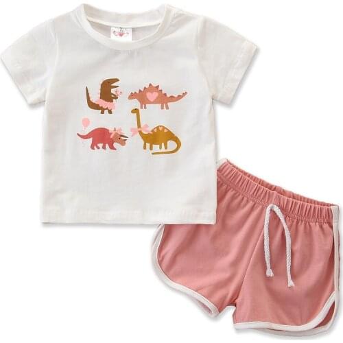 Lovely Summer Kids Baby Girls Clothes Cartoon Dinosaur Animal Print Short Sleeve T Shirt Solid Pink Shorts Cotton 2pcs