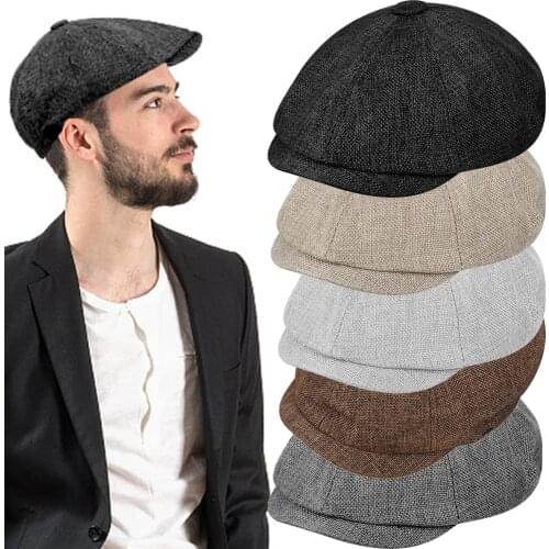 Men Newsboy Hat Retro Mens Beret Hat Casual Street Caps Unisex Hemp Wild Octagonal Brim Cap for Men Winter Spring Hats