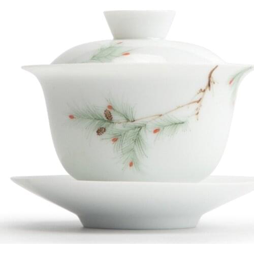 Chinese Retro Style Hand Printing White Ceramic Teacup For Home Hotel Office Teahouse Teacup With Cover 125mL
