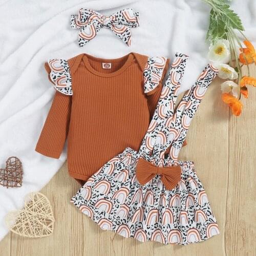 FOCUSNORM 3pcs Lovely Baby Girls Autumn Clothes Sets 0-18M Ruffles Long Sleeve Romper Tops Rainbow Strap Skirt Headband