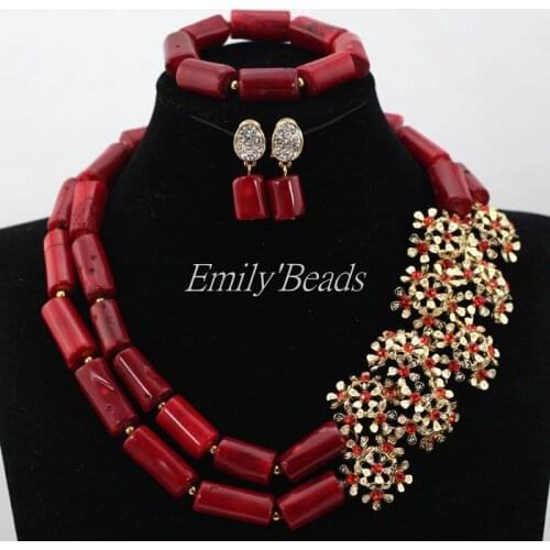Red Costume African Nigerian Wedding Beads for Women Jewelry Set Coral Beads Necklace Set Floral Jewelry Free Shipping CJ738