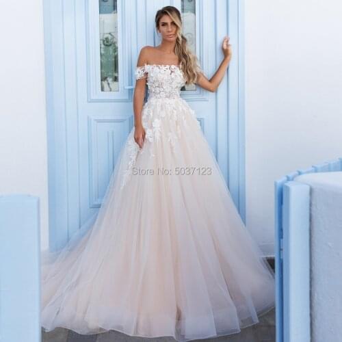 Light Champagne A Line Wedding Dresses Lace Applique Sweep Train Sleeveless Vestido De Noiva Off the Shoulder Button Bridal Gown