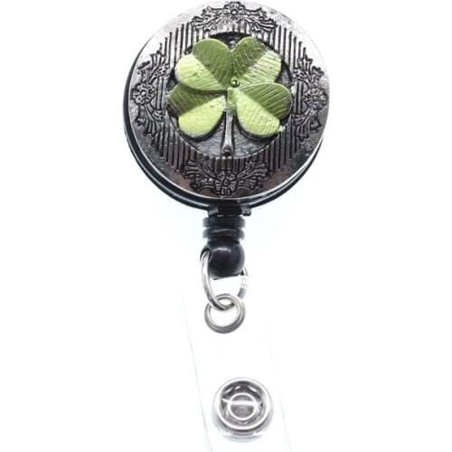 Flour Clover Lucky Brooch Nurse Retractable ID Badge Reel Holder Working Holder