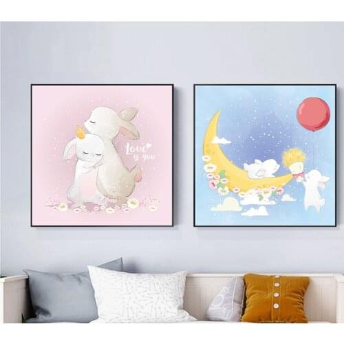 Cartoon art posters, lovely rabbit and elephant prints, printed murals, home decoration, boys and girls bedroom decoration