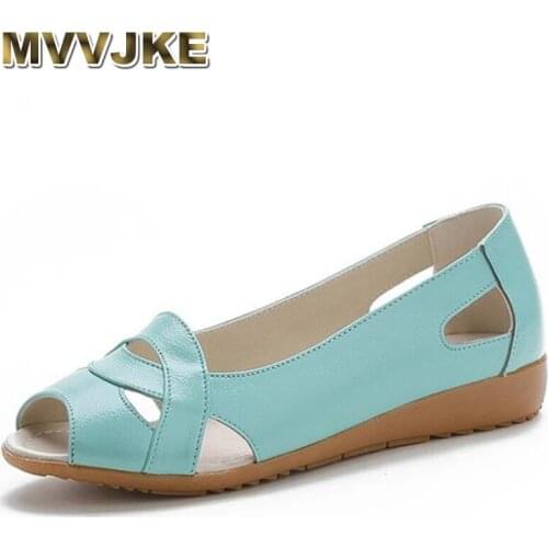 MVVJKE New Fish Mouth Summer Genuine Leather Sandals Women Shoes Flat Comfortable Casual Sandals Large Size Women Sandal Shoes