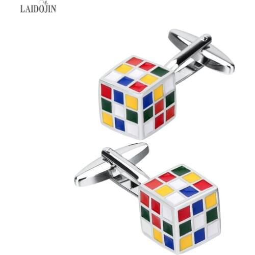 LAIDOJIN Novelty Muti-color Cufflinks For Men Brass Material 3D Magic Cube Design Cuff Links Business Jewelry Gift
