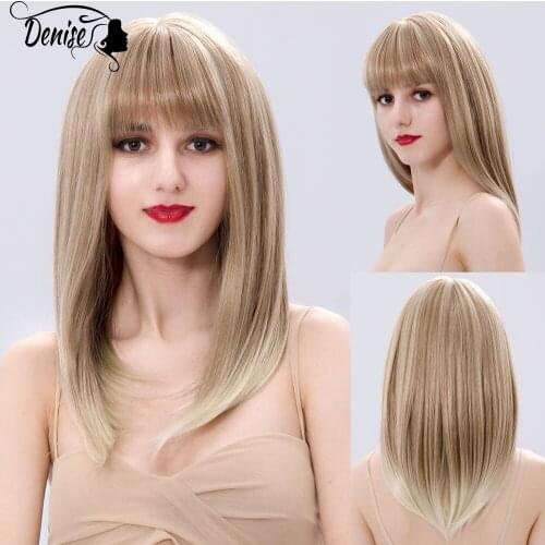 Blonde Medium Straight Daily Natural Synthetic Wigs For White Women With Bangs Hair Heat Resistant Female Fiber Wig