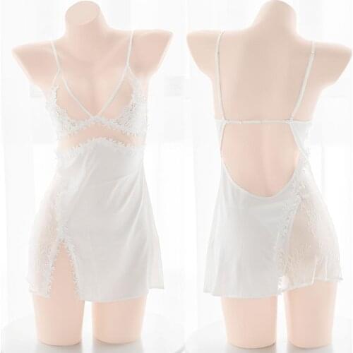 White Lace Sexy Sleepwear Women Chiffon Satin Silk Imitation Sling Beautiful Back V collar Nightdress Girl Private Pajamas