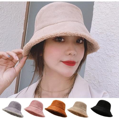 2020 Fashion Solid Fishing Cap Lambwool Winter Bucket Hat for Women Outdoor Thickened Soft Warm Vacation Hat Cap Lady Panama