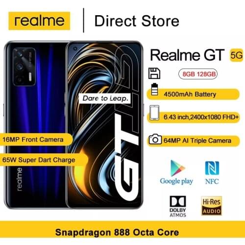 Realme GT 5G Cellphones 6.43" Snapdragon 888 Octa Core 16MP Front Camera Mobile Phones 4500mAh NFC Android 11
