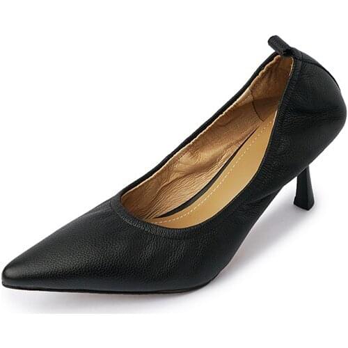 GUIDIBASICWomen Heels Genuine Leather Pumps Shoes Pointed Head Thin Heel Beef Tendon Outsole D28-Meishiya-6140