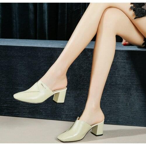 EshtonShero Classic Summer Woman Slippers Square High Heels Cow Leather+PU Slip On Slingback Black Ladies Wedding Shoes Size 3-9