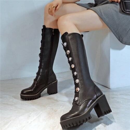Thigh High Riding Boots Women Genuine Leather Chunky High Heels Mid Calf Motorcycle Boots Female Round Toe Platform Pumps Shoes