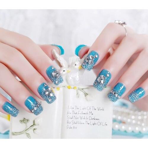 Ladies Full Cover Nail Art Tips with Glue Girls Shining Rhinestone Glitter False Nail DIY Fashion Blue Color Fake Nails 24pcs