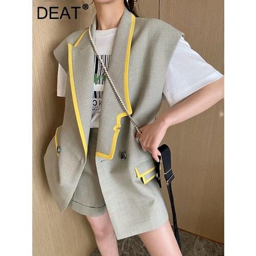 DEAT Two-piece Shorts And Tops 2021 New Turn-down Collar Sleeveless Blue Patchwork Pockets Women Slim Fashion Tide Summer 7E533