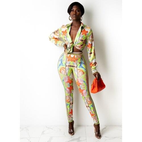 2021 Summer Womens New Fashion Starfish Leisure Digital Print Long-Sleeved Shirt + Slim Trousers Two Sets