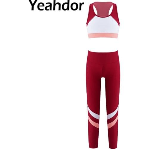 2Pcs Kids Girls Child Sport Suit Dance Costume Round Neck Sleeveless Racer Back Crop Sport Top and Leggings Pants Set Sportswear