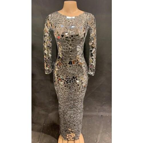 2019 Women Sexy Net Yarn Long Dress Silver Sparkle Mirrors Nightclub Party Stage Wear Dancer Singer Bling Costumes DJ DS Dress