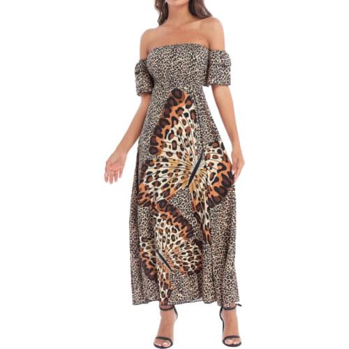 Women Dress Fashion Off Shoulder Cheetah Butterfly Print Beach Ruffle Maxi Dress