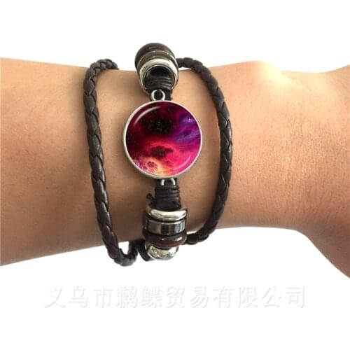 2018 Multi Color Handmade Natural Nebula Galaxy Space Glass Cabochon Braided Leather Bracelets Punk Jewelry Gift Men Women
