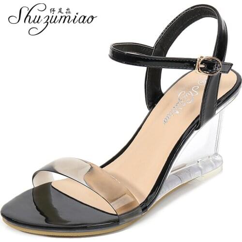 2020 Wedges Women Sandals Fashion Crystal Party Shoes Sandals Peep Toe Transparent High Heels 8CM Slides Female Sandals Shoes