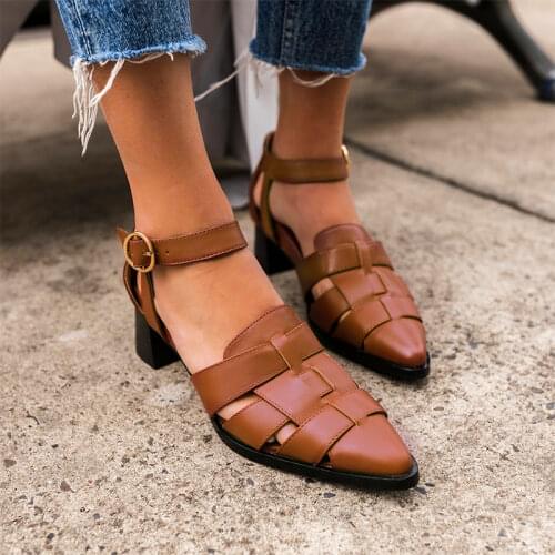 2021 Woman Pointed Toe Hollow Out Pumps Women Buckle Weave Sandals Female Square Heel Shoes Ladies Summer Footwear Plus Size 43