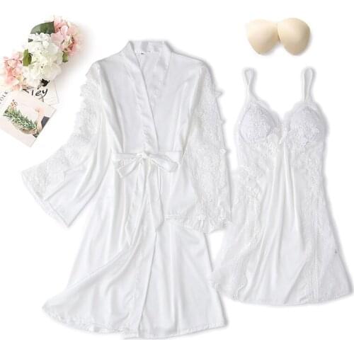 White 2PCS Bridal Bridesmaids Kimono Robe Gown Suit Lady Sweet Lace Trim Home Dress With Bra Lingerie Sexy Hollow Out Sleepwear