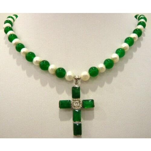 White pearl & green natural stone cross pendant necklace