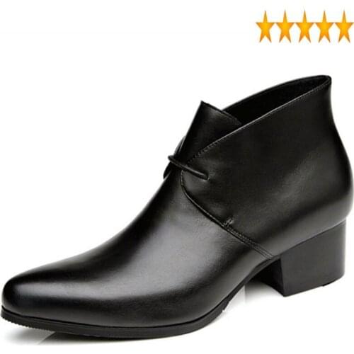 High Heel Chelsea Mens Pointed Toe Genuine Leather Black Winter Male Dress Casual Classic Vintage Cowboy Ankle Boots
