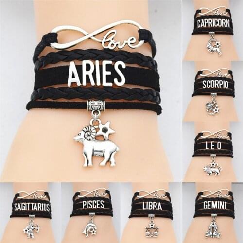 12 Constellation Zodiac Sign Black Braided Leather Bracelet Cancer Leo Virgo Libra Woven Jewelry Punk Men Pendant Bracelets