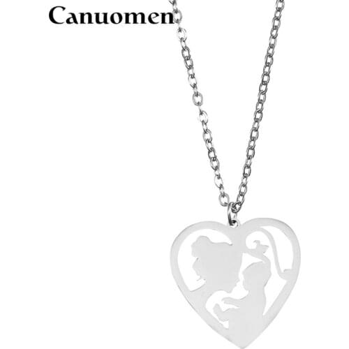 Canuomen Mother Baby Pendant Necklace Love Heart-shaped Stainless Steel Gold Color For Mothers Day Women Gift Charm Jewelry