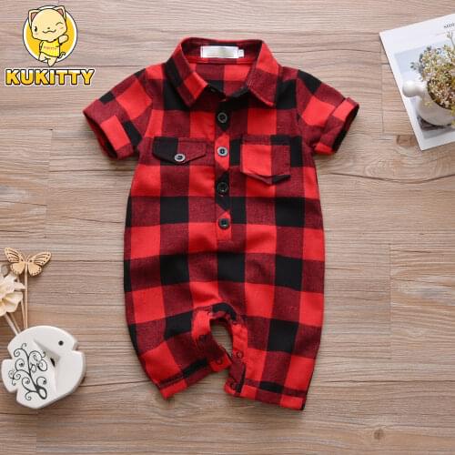Baby Boys Romper Infant Clothing Toddler Red Plaid Gentleman Style Short Sleeve jumpsuit Newborn Clothes