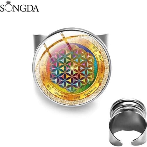 Flower of Life Handmade Rings Om Yoga Chakra Pendant Mandala Glass Cabochon Simple Open Rings Adjustable Size Accessories Gift