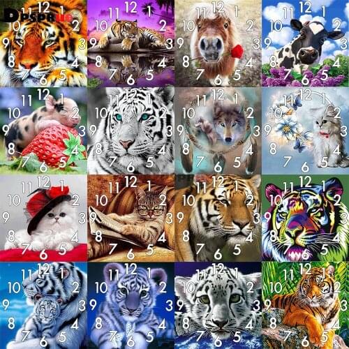 Dpsprue Full Diamond Painting Cross Stitch Animal Tiger With Clock Mechanism Mosaic 5D Diy Square Round 3d Embroidery Gift