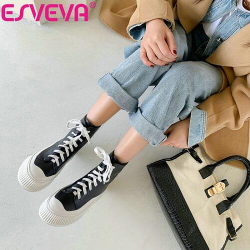 ESVEVA 2022 Genuine Leather Flat Platform Simple And Fashion Style Ankle Boots Women Shoes Size 34-40