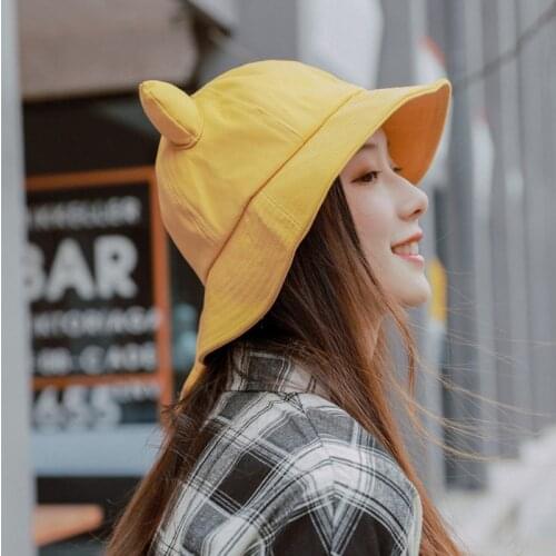 Giral Korean Style Kawaii Hats Cat Ears Fisherman Hat Women Summer Japanese Art Solid Color Bucket Hats