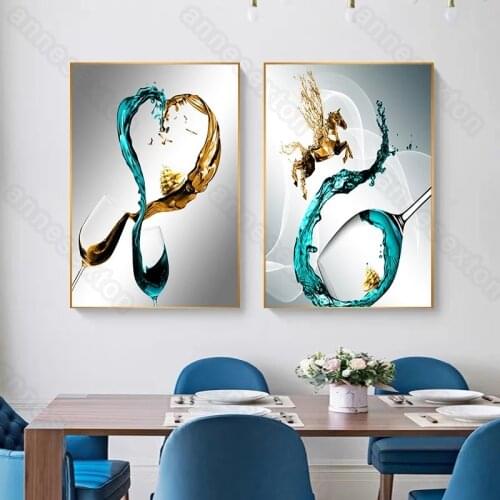 Nordic Style Frameless Canvas Painting Poster Abstract Goblet Pictures with Blue and Yellow Tones for Home Rooms Wall Decoration